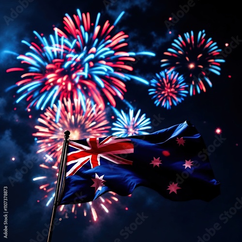 Australia Flag with Vibrant Fireworks Night Background
