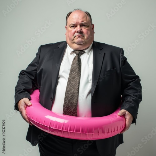 A chubby man in an office suit with a pink swimming circle on his belt photo