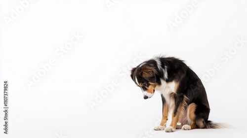 Sad border collie sitting on white background