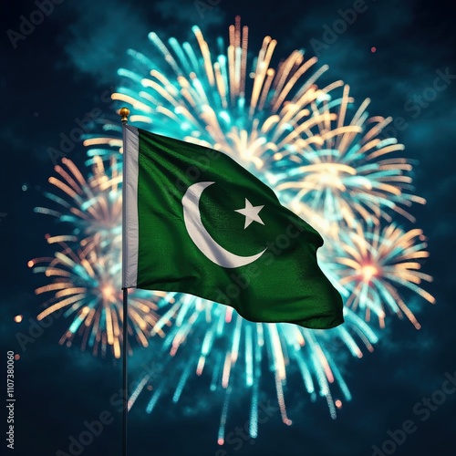 Waving Pakistan Flag Over Fireworks and Night Sky
 photo