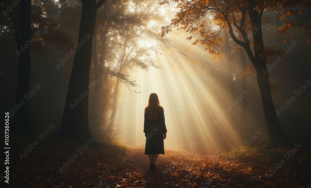Woman in autumn forest with sunlight rays Woman in autumn forest with sunlight rays
