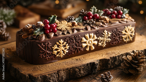 Artistic Presentation of an Exquisite Chocolate BÃ»che de NoÃ«l with Seasonal Decorations on a Rustic Wooden Board photo