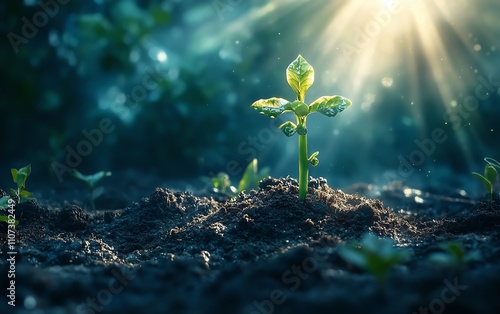 A vibrant crossshaped green seedling sprouting from rich, dark soil, illuminated by warm rays of light, evoking renewal and hope photo