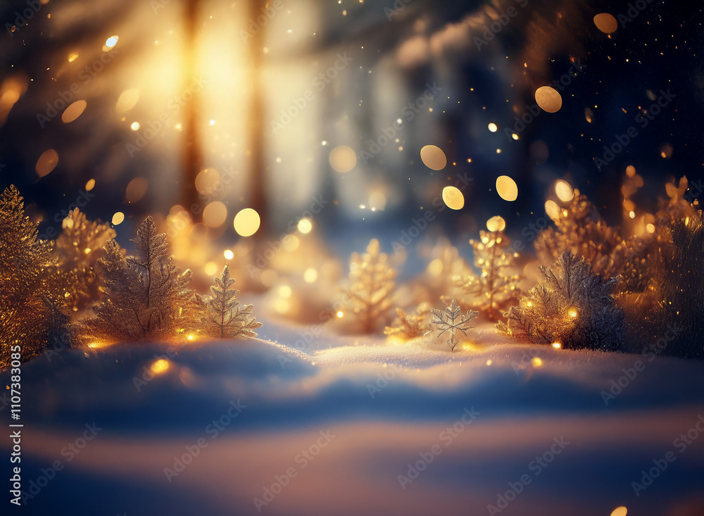Magical winter scene: Golden-lit snow-covered trees sparkle under a warm sunset glow, with falling snowflakes adding to the enchanting atmosphere. Magical winter scene: Golden-lit snow-covered trees sparkle under a warm sunset glow, with falling snowflakes adding to the enchanting atmosphere.