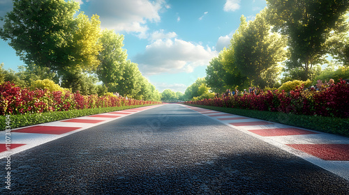 Energetic Race Track Background with Vibrant Trees, Cheerful Spectators, and Emphasized Start and Finish Lines photo