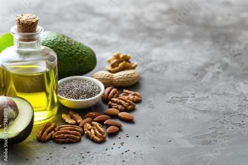 Fats Oil. Healthy Vegan Fat Food Sources with Omega3 and Omega6 from Almond, Pecan, and Hazelnuts