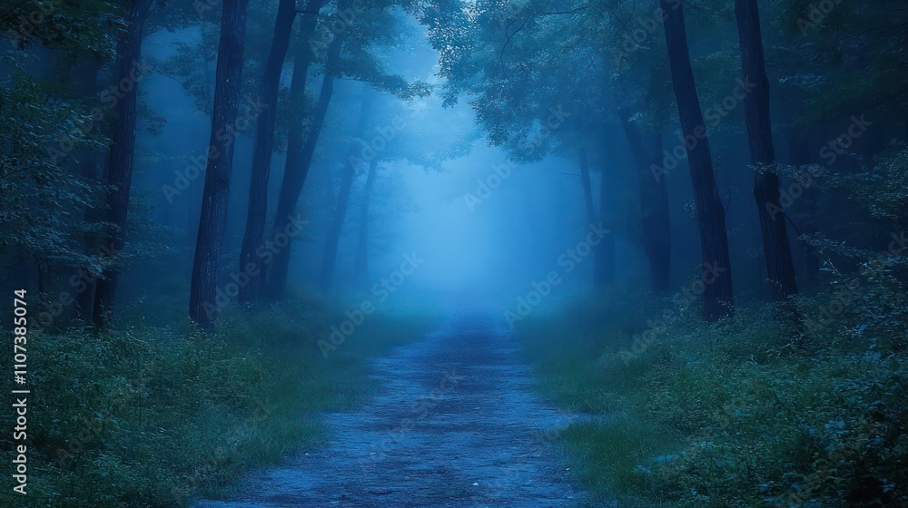 Fototapeta premium Mysterious foggy forest path at twilight.