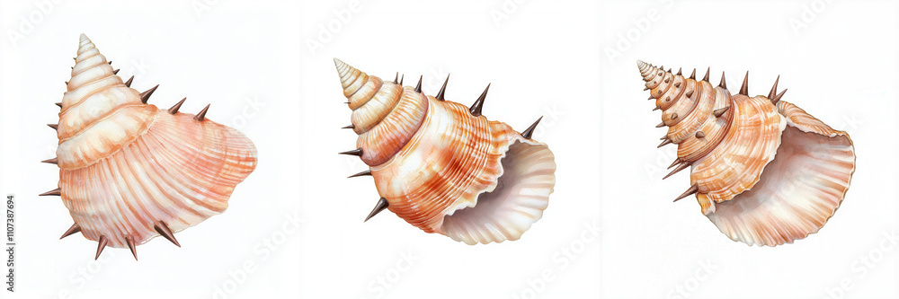 Three beautiful seashells arranged side by side, showcasing their unique textures and colors, highlighting the beauty of marine life. Three beautiful seashells arranged side by side, showcasing their unique textures and colors, highlighting the beauty of marine life.