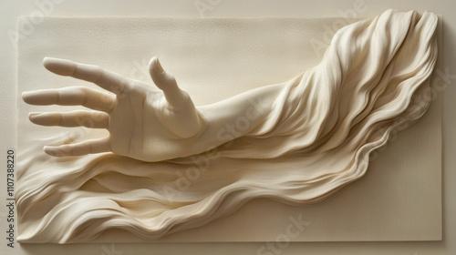 Sculpted hand emerging from flowing fabric in artistic wall installation