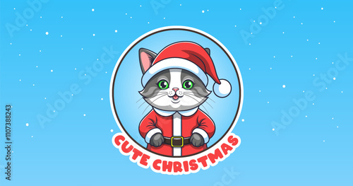 Vector round sticker cartoon funny puss in Santa Claus costume. Cute Merry Christmas and Happy New Year. Festive smiling cheerful toon cat in red fur coat and cap.