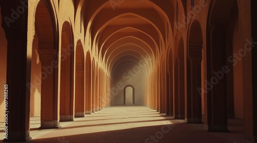 A photograph of an empty room with many pillars, the walls covered in Islamic geometric