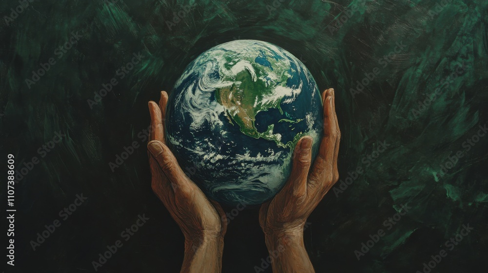 Closeup hands holding earth draw with chalk. World harmony digital pic Closeup hands holding earth draw with chalk. World harmony digital pic