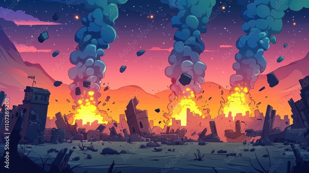 Fototapeta premium A City Destroyed by Explosions and Fire