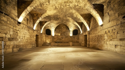 A photograph of an ancient bathhouse interior, with aged stone walls and arched ceilings. The center of the space is empty, with no people visible photo