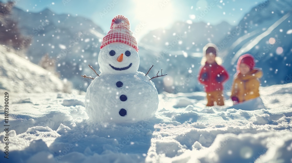 Obraz premium Kids playing in sunny alpine snowfield with snowman