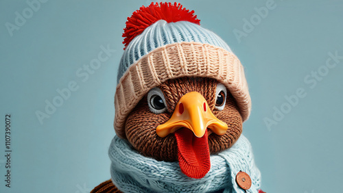 cute turkey rooster wearing winter clothes