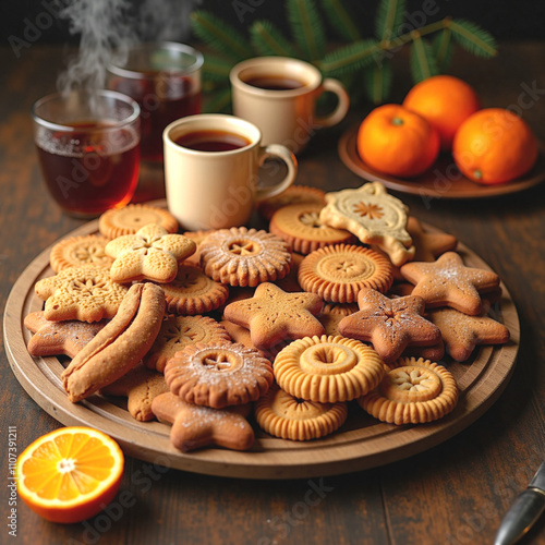 Wallpaper Mural Vintage wooden platter  with a traditional German Christmas cookies. Pfeffernüsse spicy aroma, surrounded by Lebkuchen's sweetness and Cinnamon sticks, mulled wine and fresh orange , pine sprigs Torontodigital.ca