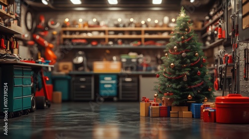 A car repair garage with a neatly trimmed Christmas tree in digital pic