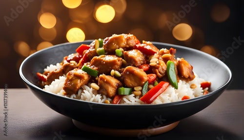 kung pao chicken with chinese rice served in dish isolated on dark background side view
 photo