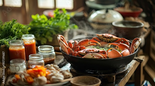 Seafood hot pot being prepared in a rustic kitchen with fresh ingredients like crabs, vegetables, and broth jars on the counter photo