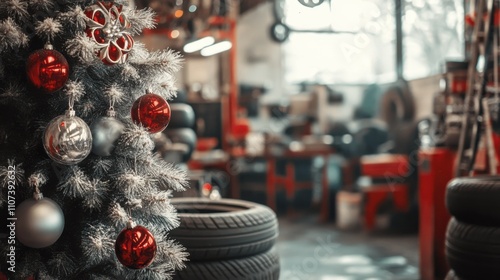 A cozy auto repair shop decorated for Christmas, with a digital pic