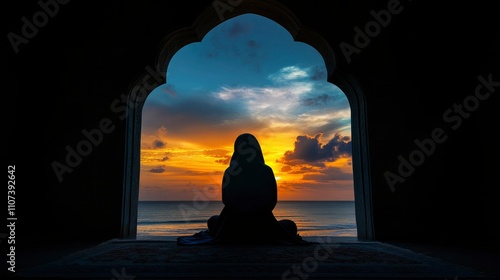 Peaceful Evening Prayer in a Mosque Archway