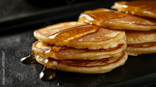 Delicate golden pancakes drizzled with honey, arranged on a black tray against a dark background.