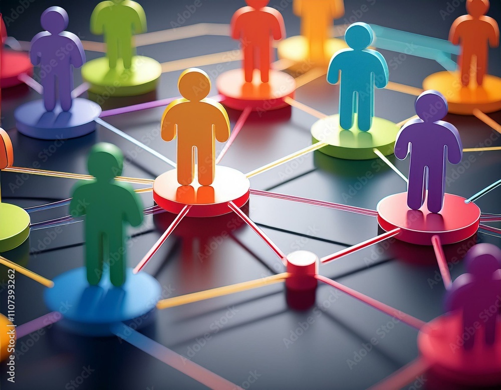Colorful figures connected by lines illustrating social media networks and interactions Colorful figures connected by lines illustrating social media networks and interactions