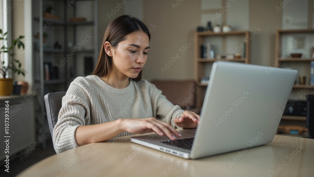 The wooman is working on her laptop at home The wooman is working on her laptop at home