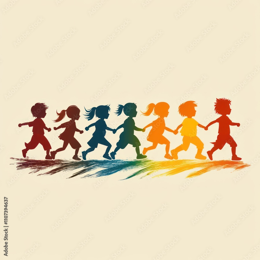 Obraz premium Colorful silhouettes of children holding hands and running.