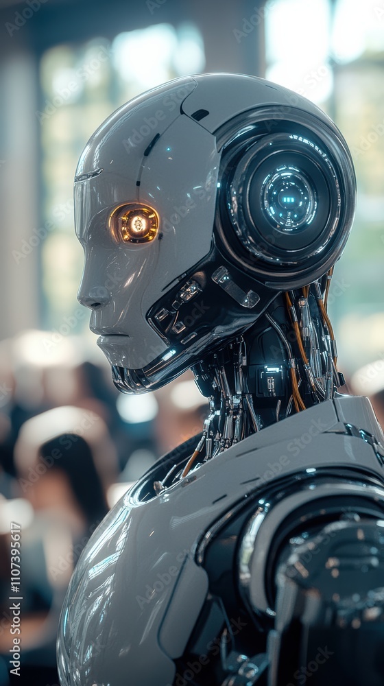 Fototapeta premium Ai robot lecturer in modern classroom with blurred students