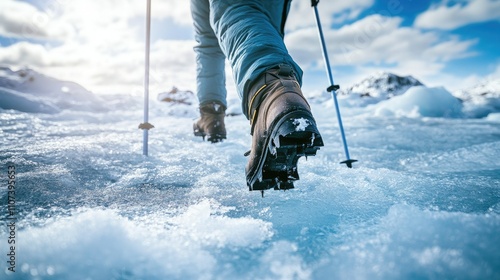 Walking poles aiding a hiker as they navigate a treacherous ice field under a pale winter sun. photo