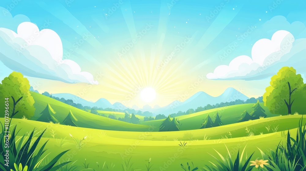 Fototapeta premium A Sunny Meadow Landscape with Rolling Hills and a Distant Mountain Range