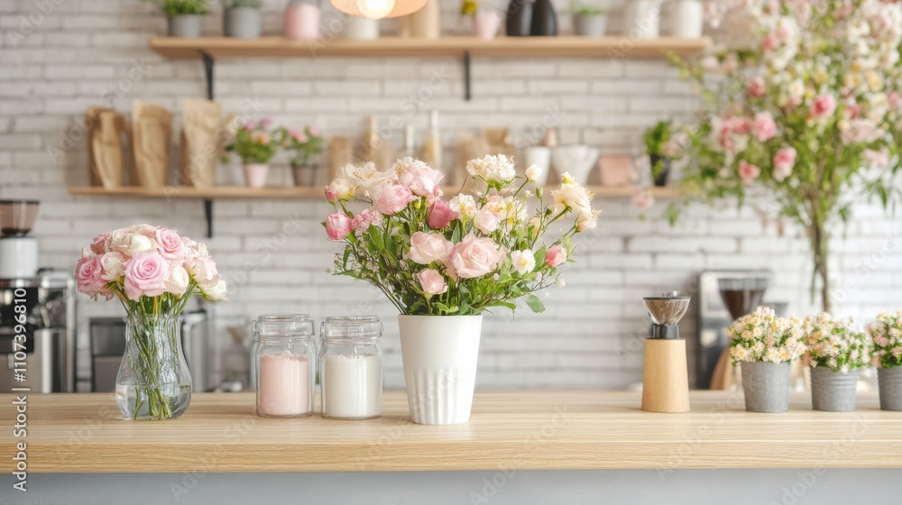 Stylish coffee shop counter with spring-themed decor, digital pic Stylish coffee shop counter with spring-themed decor, digital pic