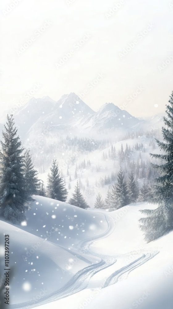 Obraz premium Winter mountain landscape with sled tracks and pine forests