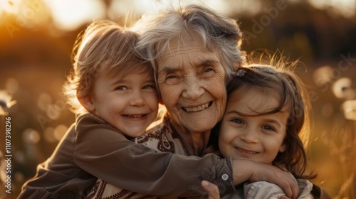 A grandmother with two children smiling in a serene, familial photo amid a peaceful, flower-filled setting. photo