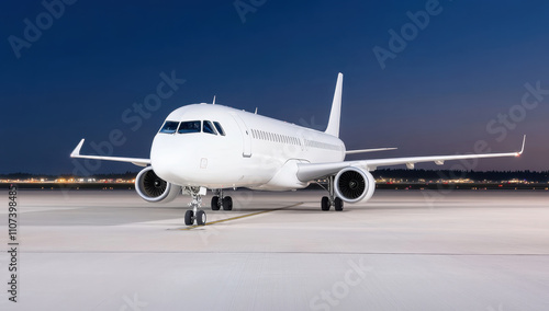 White airplane parked on airport runway under night sky