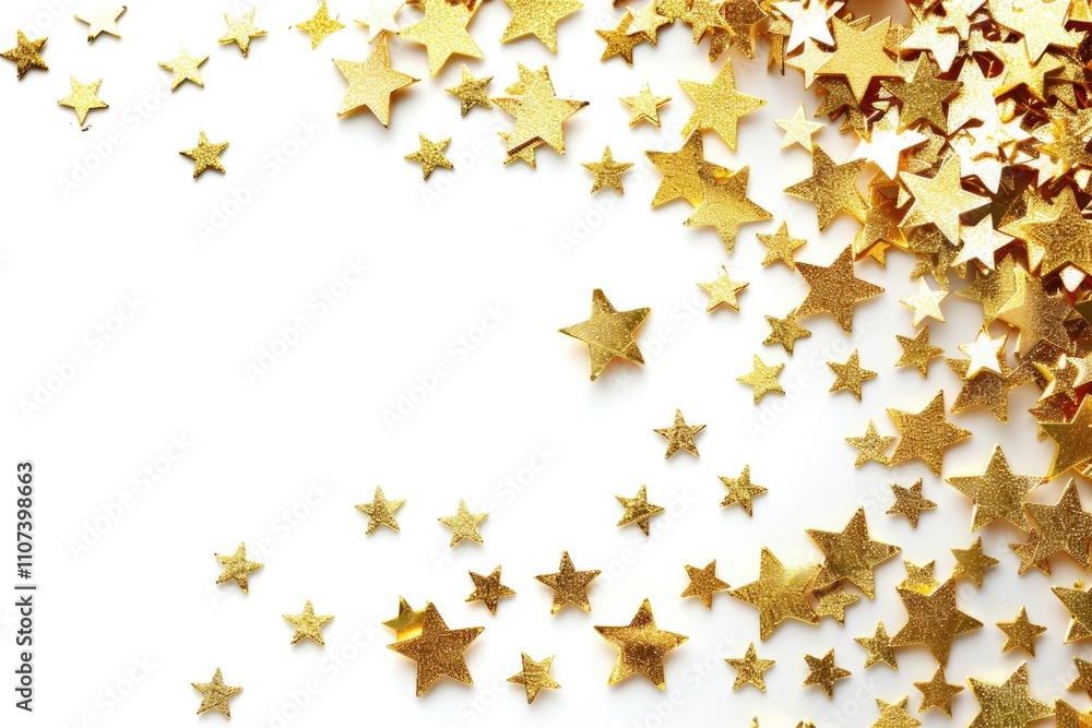 Gold Star Frame. White Background with Stars and Colorful Confetti for Christmas Decoration Gold Star Frame. White Background with Stars and Colorful Confetti for Christmas Decoration