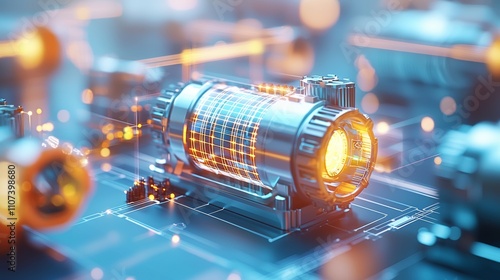 Peak energy reliability concept. Futuristic electric motor with glowing elements on a digital circuit board.