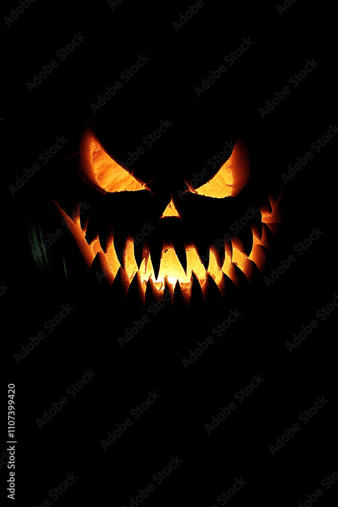 Fototapeta premium Halloween pumpkin with fangs on black background