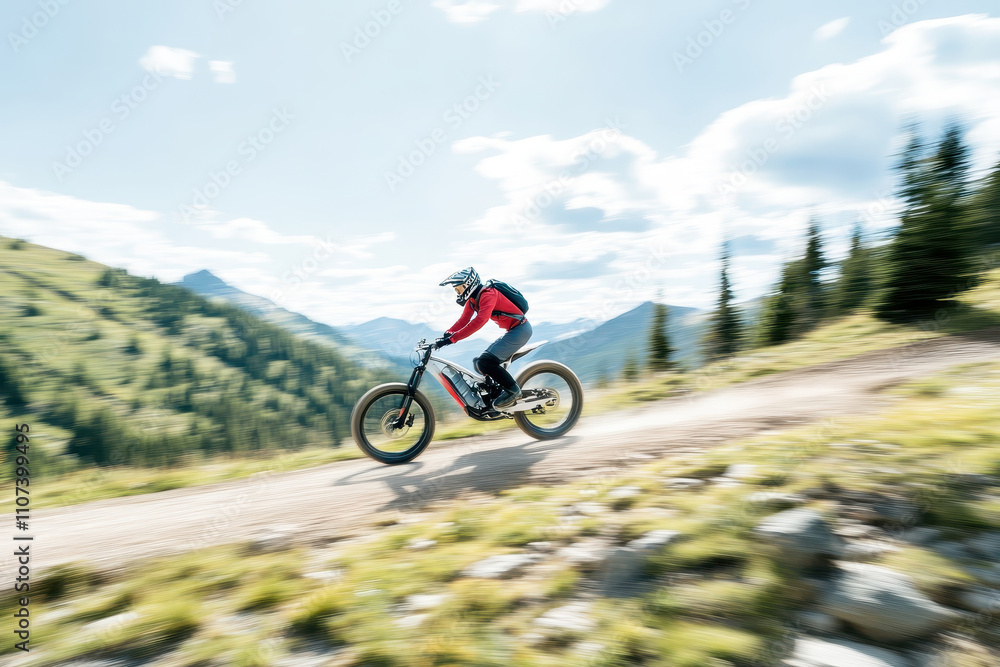 Obraz premium Motorcyclist speeding along a scenic mountain road at high speed