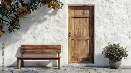 Rustic wooden door and bench tranquil outdoor setting nature