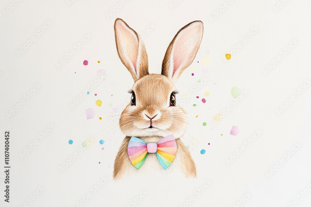 Obraz premium Watercolor painting of a rabbit with a rainbow colored bow