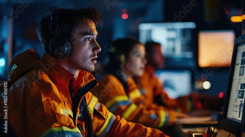 A medium shot of rescue workers engaged in a briefing at an emergency operations center intense focus and teamwork in action  photo