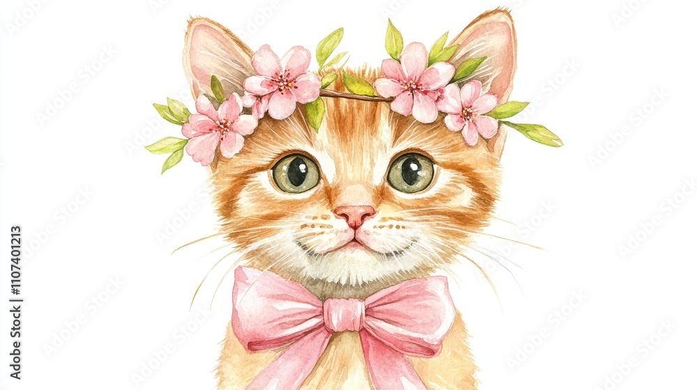 Fototapeta Cute Cat with Flower Crown and Pink Bow, Adorable Feline, Sweet Kitten, Watercolor Painting, Animal Art Print