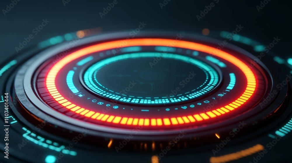 Peak energy reliability concept. Abstract circular digital interface with vibrant neon lights and layered design elements. Peak energy reliability concept. Abstract circular digital interface with vibrant neon lights and layered design elements.