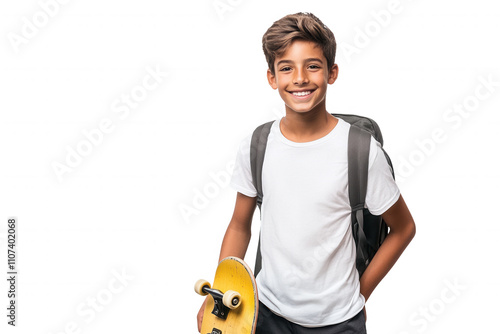 A young boy stands with a cheerful expression, holding a skateboard in one hand while wearing a backpack over his shoulders. He showcases a casual outfit with a plain white shirt and black shorts, exu photo