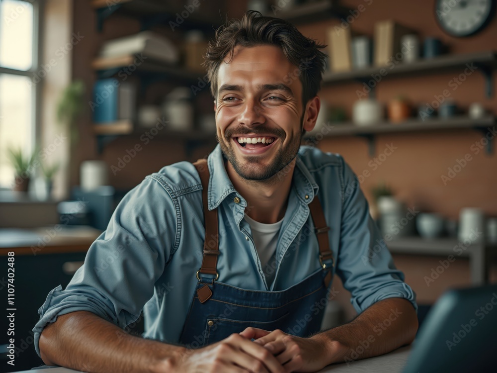Obraz premium Portrait of happy male entrepreneur smiling in workshop
