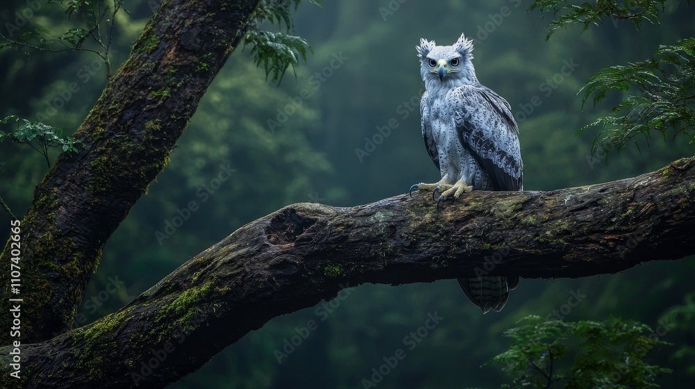 Obraz premium Stunning Photorealistic Harpy Eagle Perched on Ancient Tree Branch Surrounded by Lush Green Forest Landscape