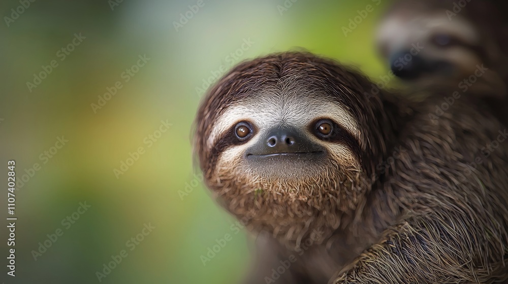 Fototapeta premium Adorable Sloth with Charming Expression in Lush Green Background, Perfect for Nature and Wildlife Themes